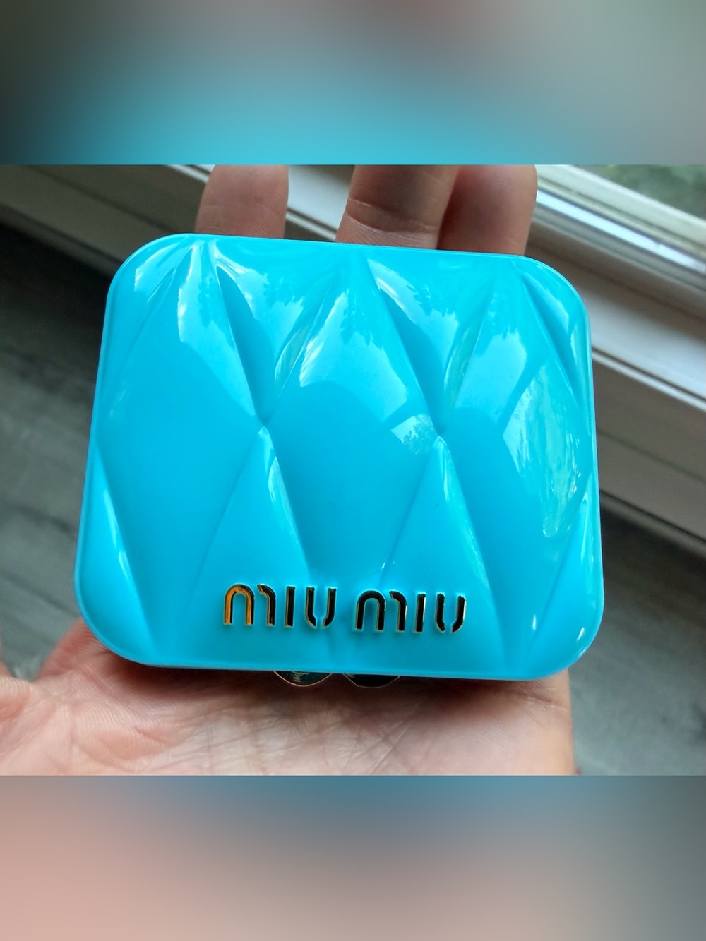 Mui Mui Turquoise Blue Pocket Mirror with Gold Metal Edging SEALED in plastic